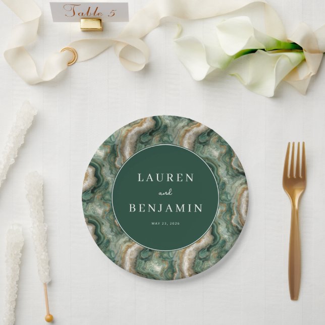 Elegant Green Marbled Waves Paper Plate (Wedding)