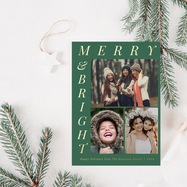 Elegant Green Merry And Bright Christmas  Foil Holiday Card (Creator Uploaded)