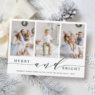 Elegant Green Merry & Bright 3 Photo Holiday Card