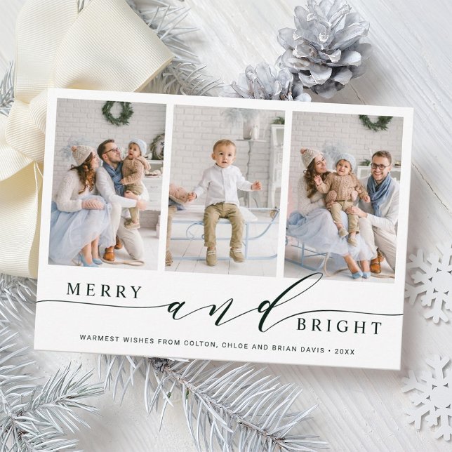 Elegant Green Merry & Bright 3 Photo Holiday Card (Creator Uploaded)