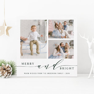Elegant Green Merry & Bright 3 Photo Square Holiday Card