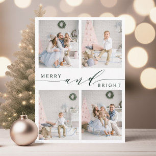 Elegant Green Merry & Bright 4 Photo Collage Holiday Card