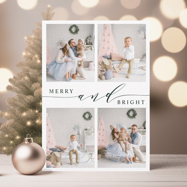 Elegant Green Merry & Bright 4 Photo Collage Holiday Card (Creator Uploaded)