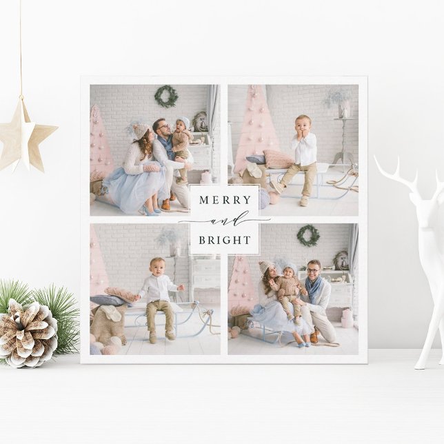 Elegant Green Merry & Bright 4 Photo Holiday Card (Creator Uploaded)