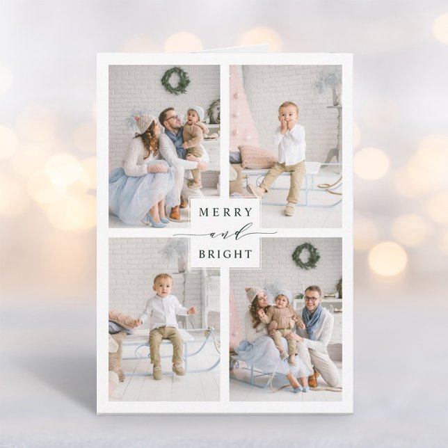 Elegant Green Merry & Bright 4 Photo Holiday Card (Creator Uploaded)