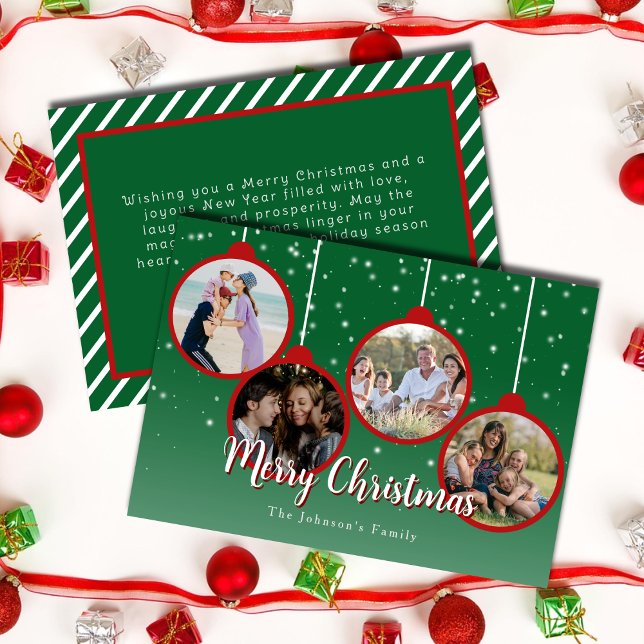 Elegant Green Merry Christmas 4 photo Holiday Card (Creator Uploaded)