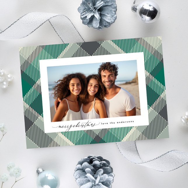 Elegant Green Merry Christmas Custom Plaid Photo Holiday Card (Creator Uploaded)