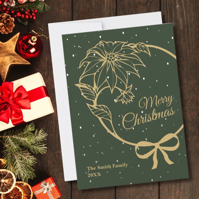 Elegant Green Merry Christmas Poinsettia Flat Holiday Card (Creator Uploaded)