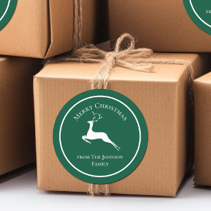 Elegant Green Merry Christmas Reindeer Custom Gift Classic Round Sticker