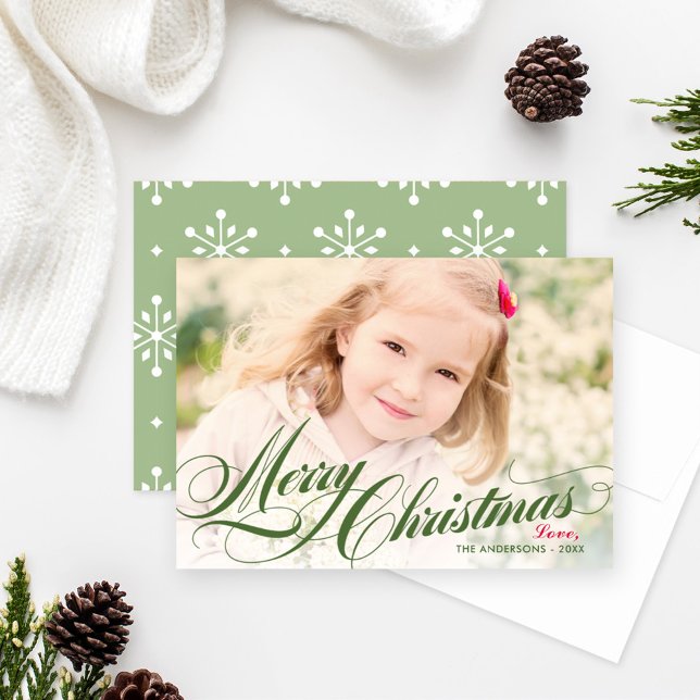Elegant Green Merry Christmas Script Photo Holiday Card (Creator Uploaded)