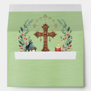 Elegant Green Metallic With Gold Cross Candles Envelope