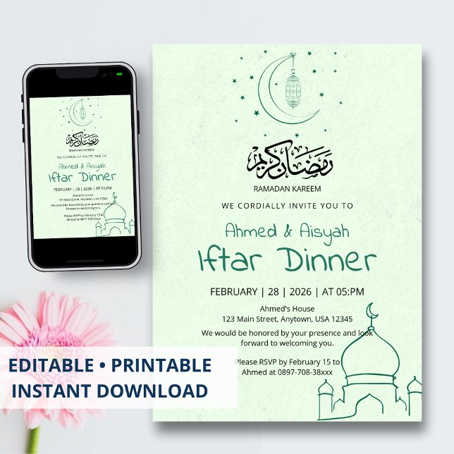 Elegant Green Mint Crescent Mosque Iftar Dinner Invitation (Creator Uploaded)