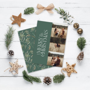 Elegant green modern minimal multi photo botanical holiday card