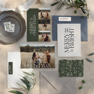 Elegant green modern minimal multi photo botanical holiday card