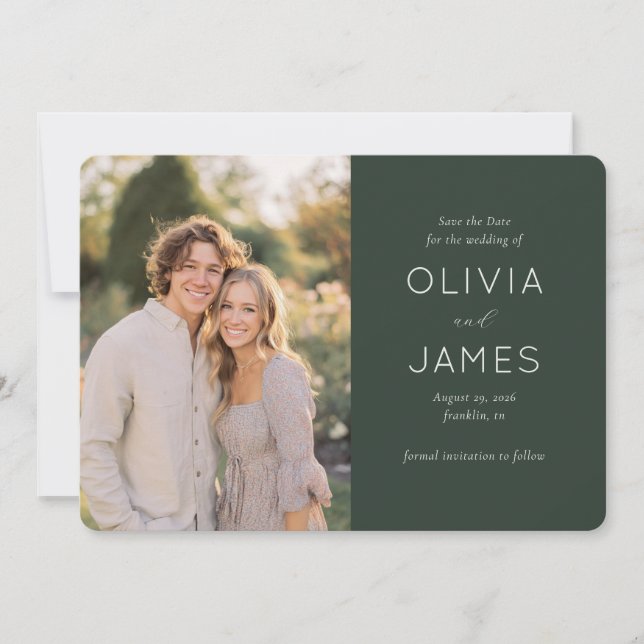 Elegant Green Modern Photo Save The Date (Front)