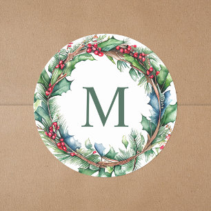Elegant Green Monogram Initial Christmas Wreath Classic Round Sticker