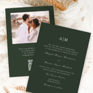 Elegant Green Monogram QR Rsvp Photo Wedding Invitation
