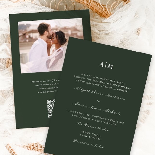 Elegant Green Monogram QR Rsvp Photo Wedding Invitation (Creator Uploaded)