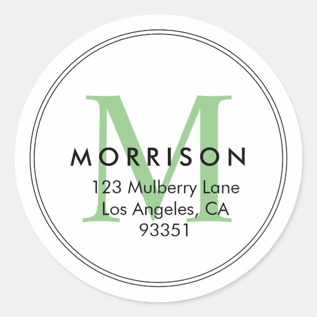 Elegant Green Monogram Return Address Classic Round Sticker (Front)