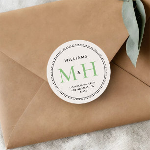Elegant Green Monogram Wedding Return Address Classic Round Sticker