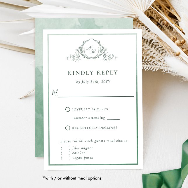 Elegant Green Monogram with Watercolor RSVP Card (Creator Uploaded)