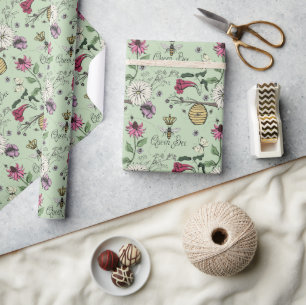Elegant Green Mothers Day Queen Bee and Flowers Wrapping Paper