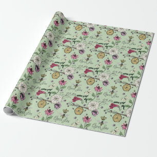 Elegant Green Mothers Day Queen Bee and Flowers Wrapping Paper