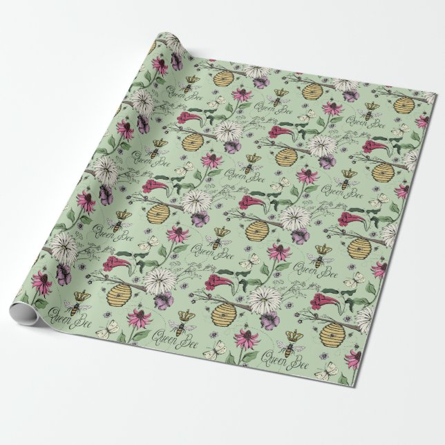 Elegant Green Mothers Day Queen Bee and Flowers Wrapping Paper (Unrolled)