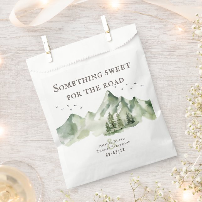 Elegant green mountain landscape table number card favour bag (Clipped)