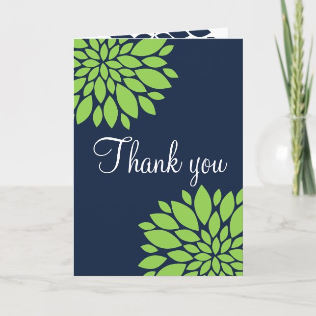 Elegant Green Navy Blue Floral Burst Thank You (Front)