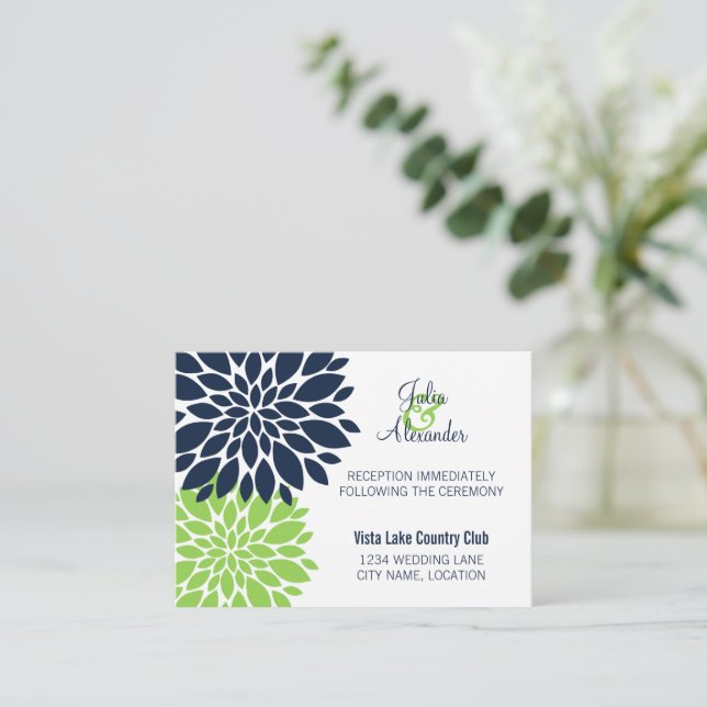 Elegant Green Navy Floral Burst Reception Cards (Standing Front)