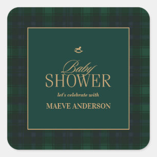 Elegant Green navy gold Plaid tartan Baby shower Square Sticker