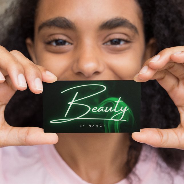 Elegant Green Neon & Smoke Beauty Salon Script Business Card (Creator Uploaded)