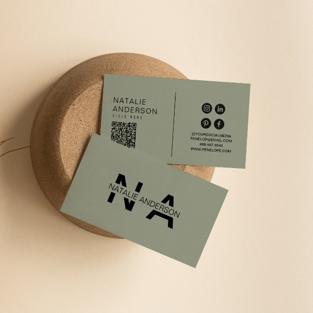 Elegant Green Neutral QR Code Monogram Logo Boho Business Card (Creator Uploaded)