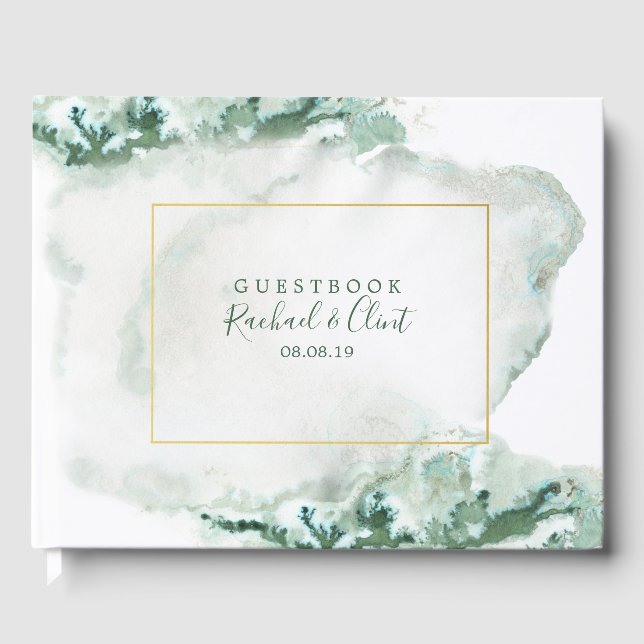 Elegant Green Ombre Marble Wedding Guestbook (Front)