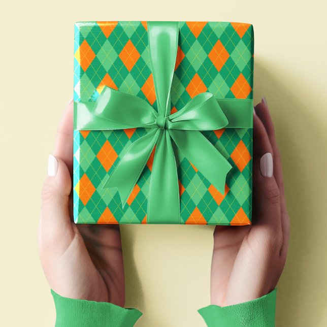 Elegant Green & Orange Argyle St Patrick's Day Wrapping Paper (Elegant St Patrick's Day Green & Orange Argyle Pattern. Modern Diamonds Pattern.)