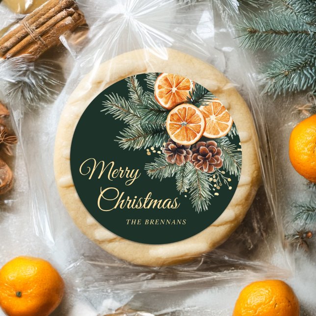 Elegant Green Orange Citrus Merry Christmas Classic Round Sticker (Elegant Green Orange Citrus Merry Christmas Classic Round Sticker)