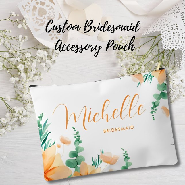 Elegant Green Orange Rustic Wildflowers Bridesmaid Accessory Pouch (Creator Uploaded)