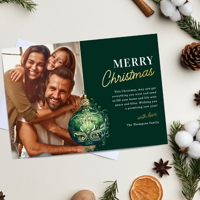 Elegant Green Ornament Photo Christmas Foil Holiday Card (Creator Uploaded)