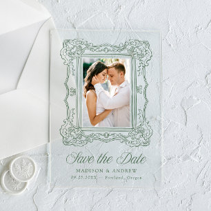Elegant Green Ornate Frame Wedding Save the Date Acrylic Invitations