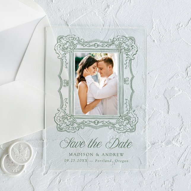 Elegant Green Ornate Frame Wedding Save the Date Acrylic Invitations (Creator Uploaded)