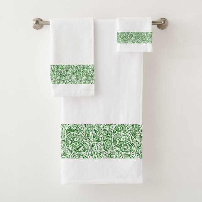 Elegant Green Paisley Floral Stripe Bath Towel Set (Insitu)