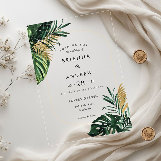 Elegant, Green Palm, Gold (Imitation) Border Acrylic Invitations (Elegant, Green Palm, Gold (Imitation) Border Acrylic Invitations)