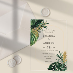 Elegant, Green Palm, Gold (Imitation) Border Acrylic Invitations