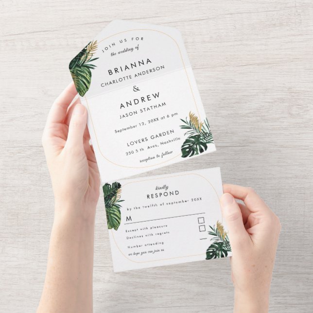 Elegant, Green Palm, Gold (Imitation) Border All In One Invitation (Tearaway)