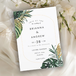 Elegant, Green Palm, Gold (Imitation) Border Invitation