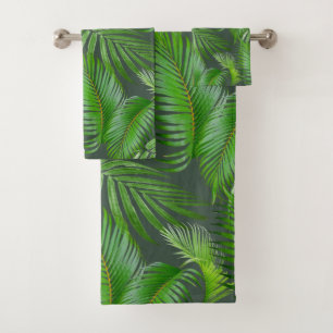 Elegant Green Palm Leaves on Forest Green Bath Towel Set