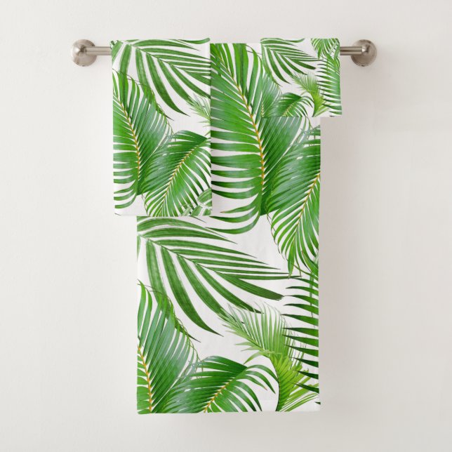 Elegant Green Palm Leaves on White Bath Towel Set (Insitu)