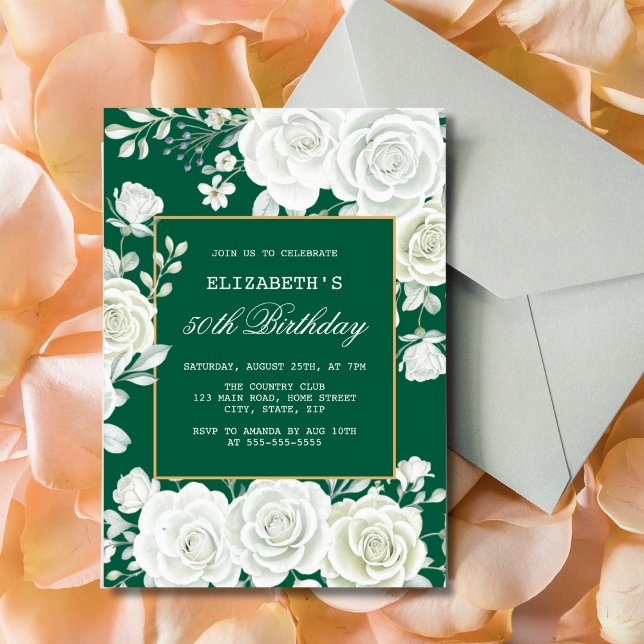 Elegant Green Pastel White Rose Floral Birthday Invitation (Creator Uploaded)