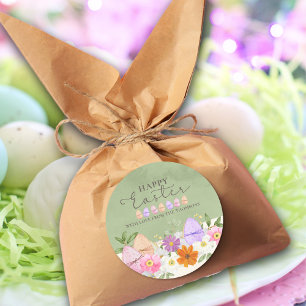 Elegant Green Pastel Wildflowers Happy Easter  Classic Round Sticker